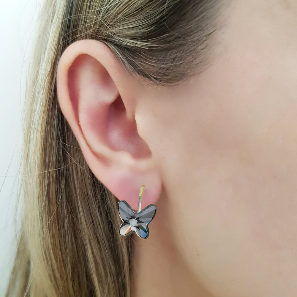 Elegant butterfly design, sparkling Austrian crystalstones, nickel-free sterling silver earrings. Perfect for sensitive ears. Gift box included. Colour Silver Night (dark Grey)