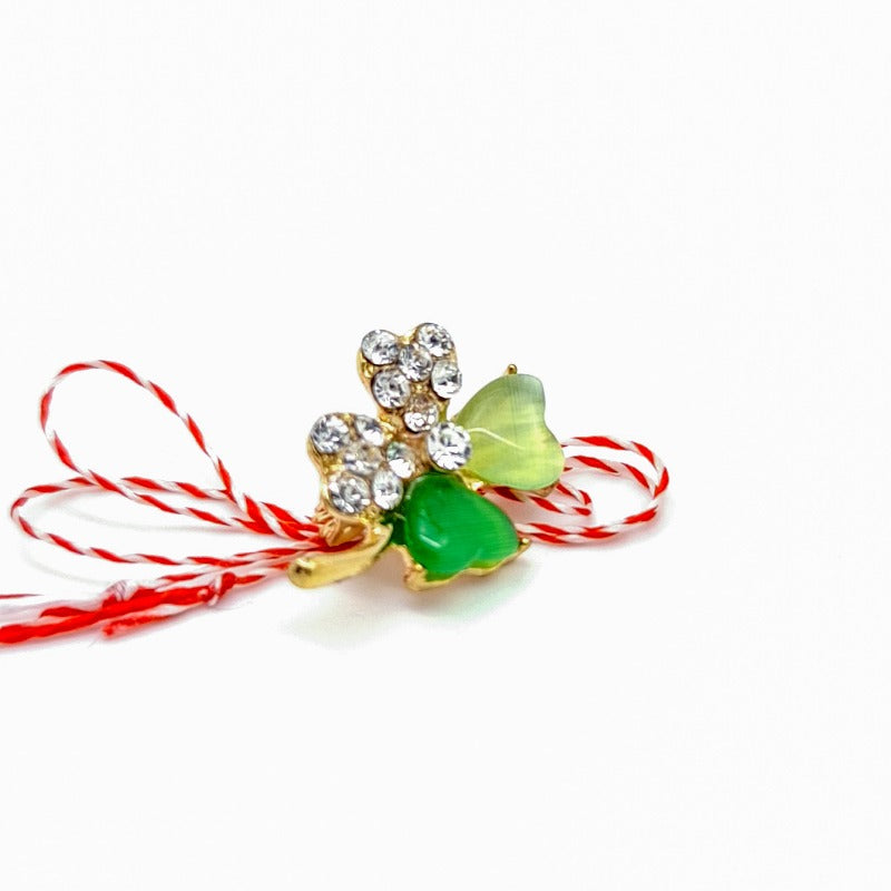 4 leaf clover with crystals brooch with white an red martisor bow, made in Ireland