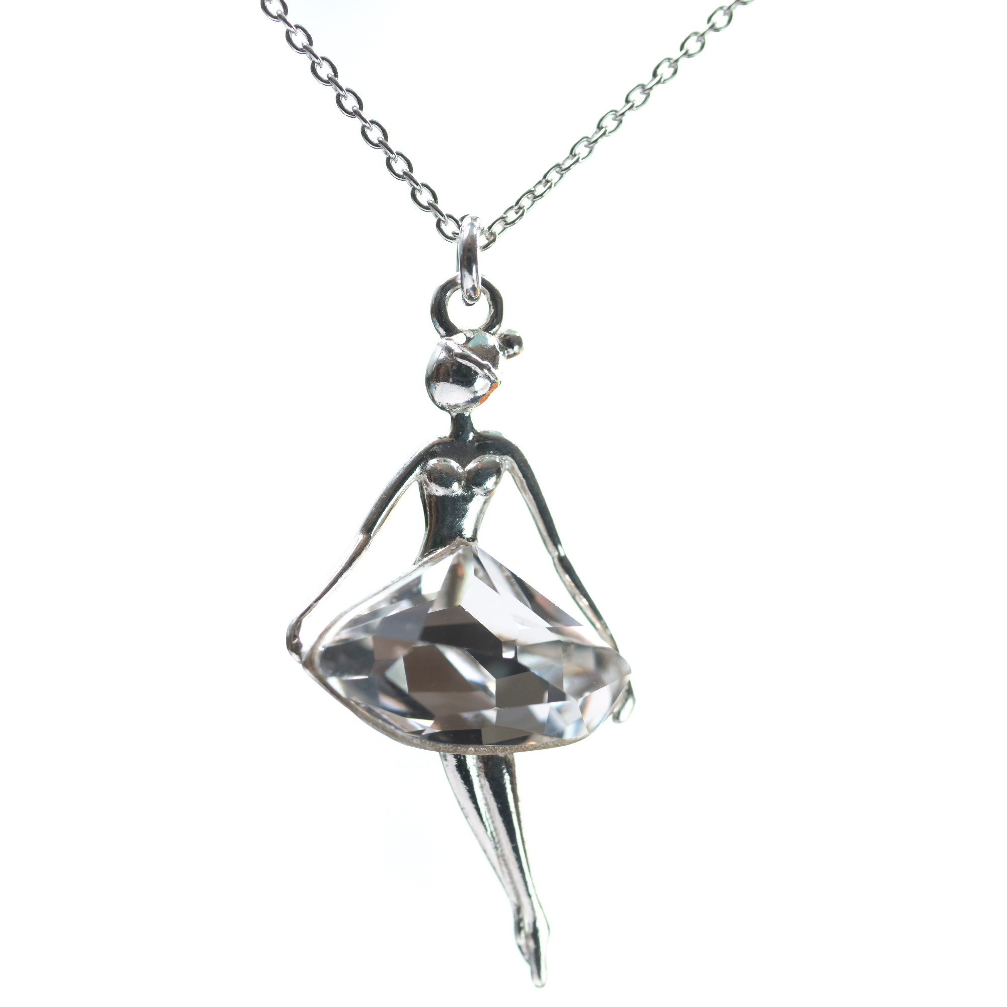 Sterling silver ballerina necklace with a luminous crystal clear skirt, a timeless elegance from Magpie Gems. in Ireland
