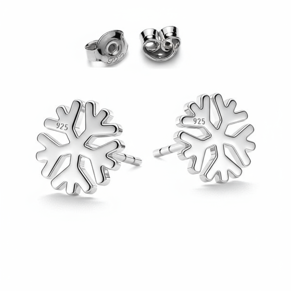 Front view of Sterling Silver Snowflake Stud Earrings – perfect for winter and Christmas gifts, showing elegant snowflake design by Magpie Gems in Ireland