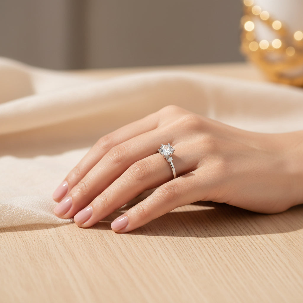 Sterling silver solitaire ring with cubic zirconia worn on a woman’s hand, ideal as an engagement ring or meaningful gift.