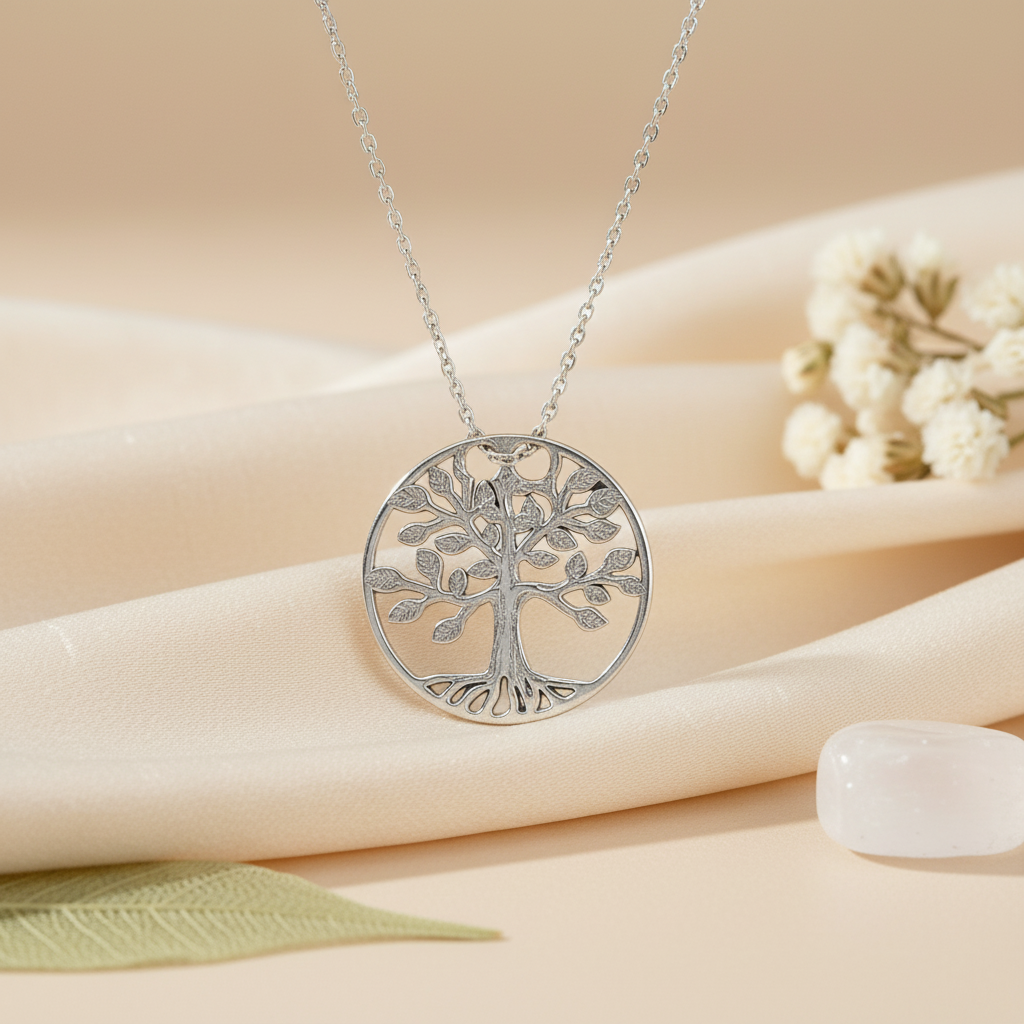 Close-up of Magpie Gems' Irish Tree of Life necklace in sterling silver 925, showcasing intricate branches and leaves design.
