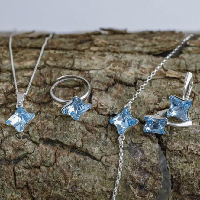 Aquamarine earrings, ring, bracelet, necklace jewellery set in sterling silver by Magpie Gems Cork Ireland