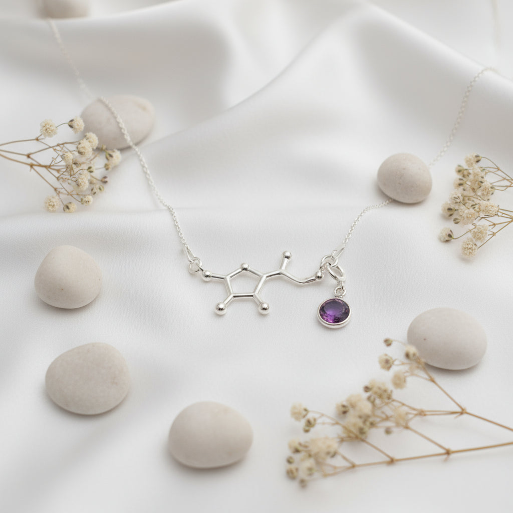 Silver Vitamin C molecule pendant with detachable February Amethyst birthstone charm, science-inspired jewellery by Magpie Gems.