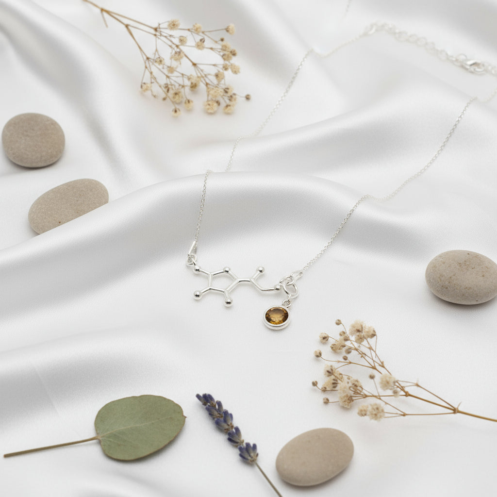 Sterling silver Vitamin C molecule necklace with detachable November Citrine birthstone charm, handmade Irish jewellery by Magpie Gems.