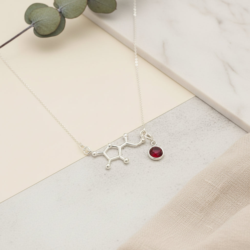 Sterling silver Vitamin C molecule necklace with detachable January Garnet birthstone charm, handcrafted by Magpie Gems in Ireland.