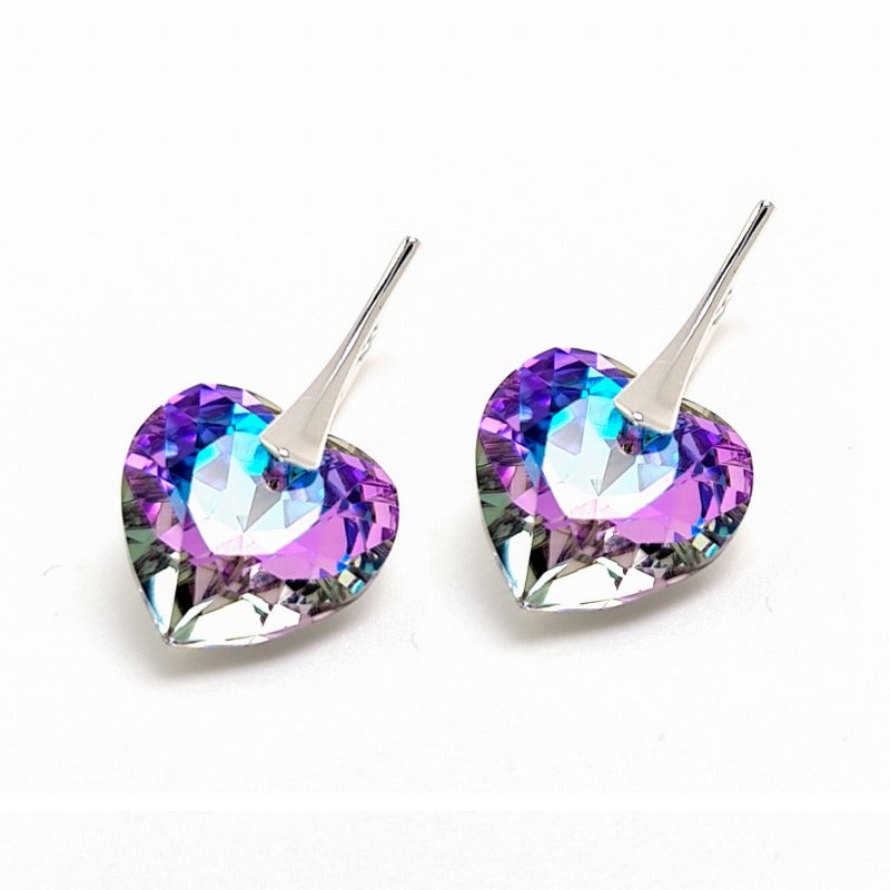 Close-up of Magpie Gems Silver Heart Earrings with Vitrail Light Crystal