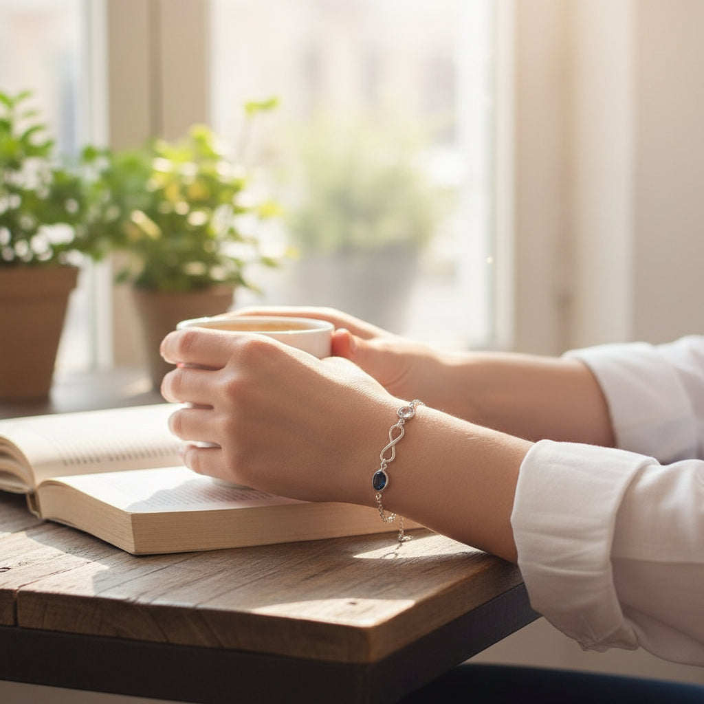 Woman wearing a siver infinity Bracelet with 2 crystal birthstones, made by Magpie Gems in Ireland